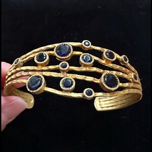 Gold Plated Ebru Jewelry Wire Cuff Bracelet with Faux Sapphires